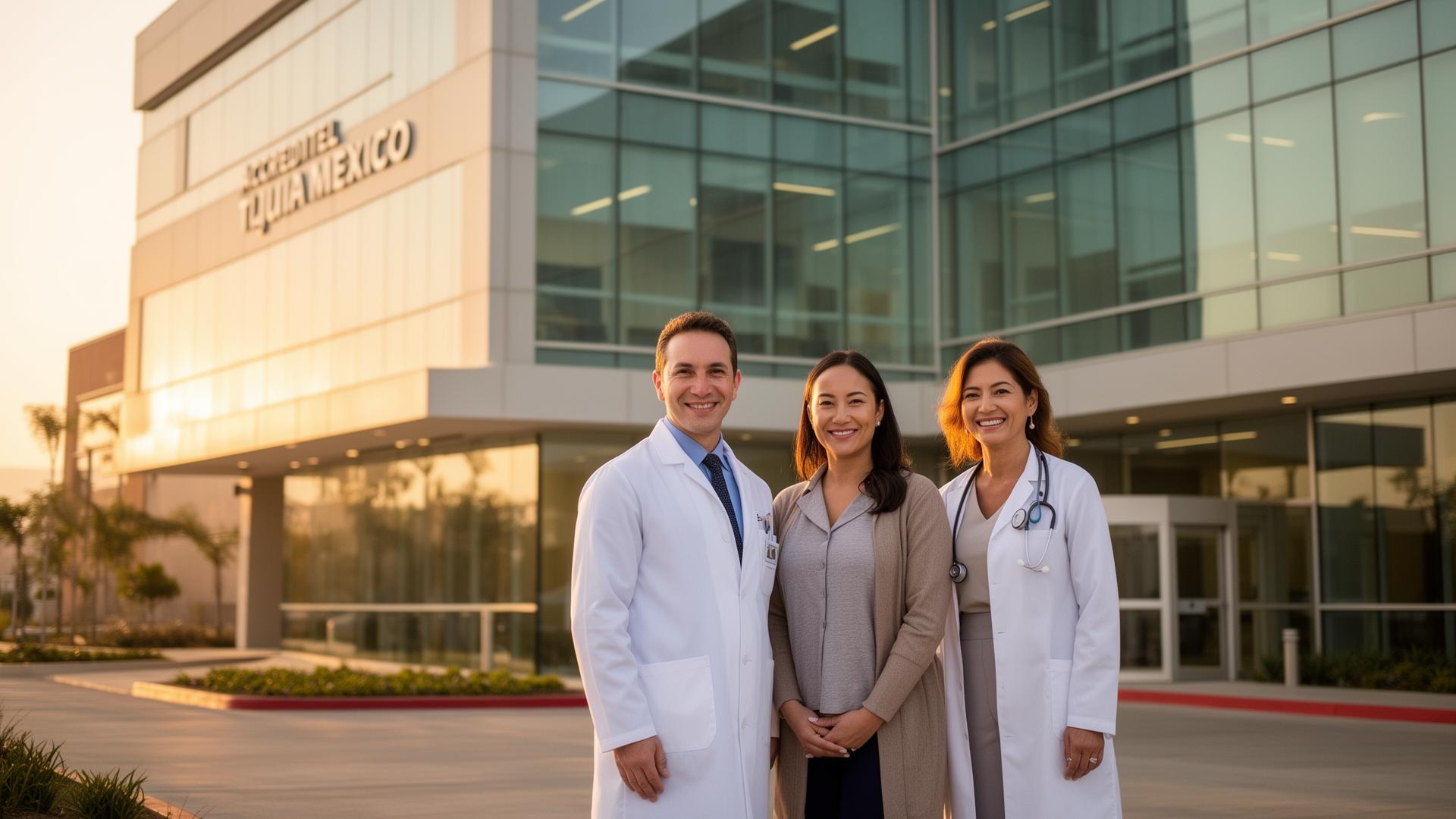 Modern accredited hospital facility in Tijuana with surgical team and patient outside the entrance